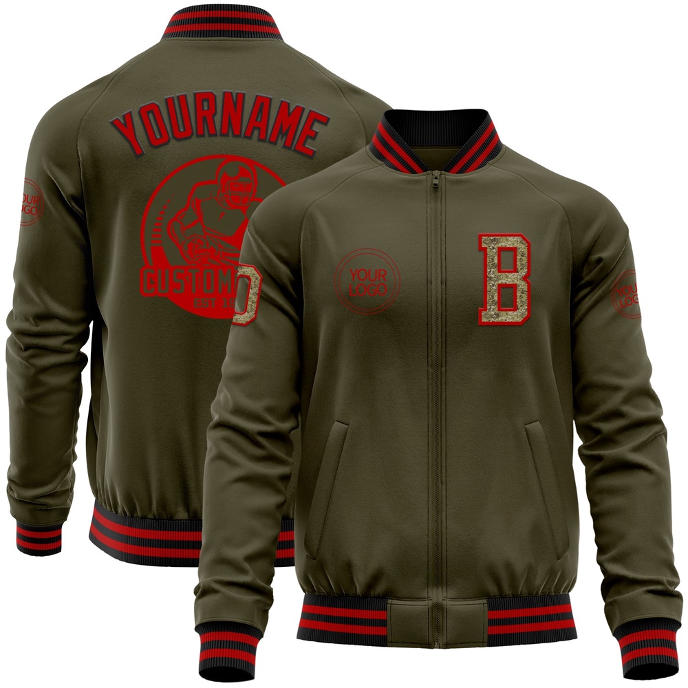 Custom Olive Camo Red Black Bomber Varsity Letterman Salute To Service Zipper Jacket, Custom Team Jacket