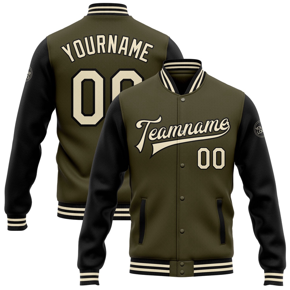 Custom Olive Cream Black Bomber Full Snap Varsity Letterman Two Tone Salute To Service Jacket, Custom Team Jacket