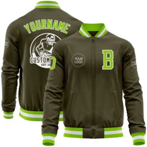 Custom Olive Neon Green White Bomber Varsity&hellip;
