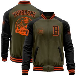 Custom Olive Orange Black Bomber Varsity Letterman&hellip;