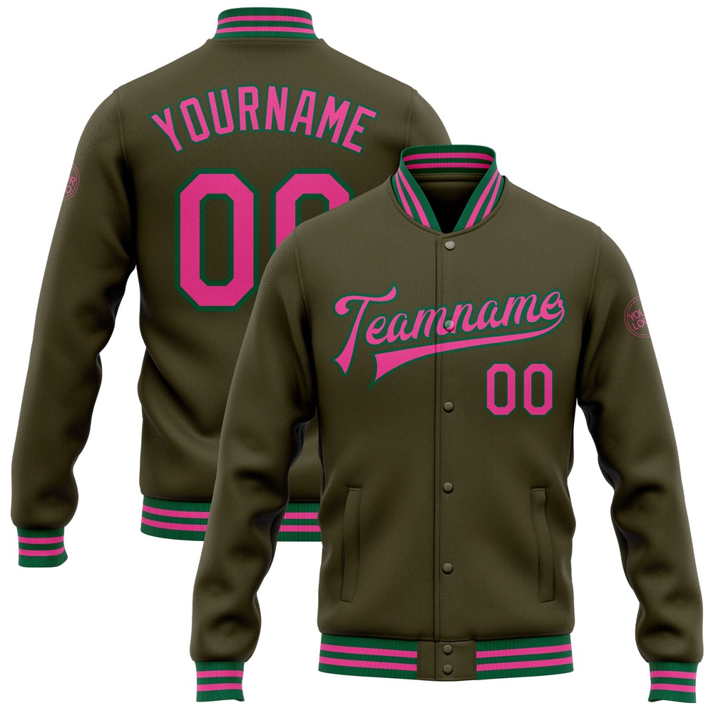 Custom Olive Pink Kelly Green Bomber Full Snap Varsity Letterman Salute To Service Jacket, Custom Team Jacket