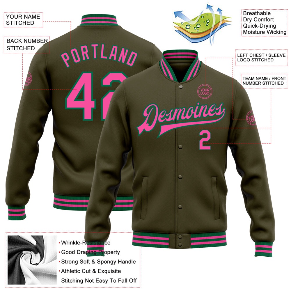 Custom Olive Pink Kelly Green Bomber Full Snap Varsity Letterman Salute To Service Jacket, Custom Team Jacket