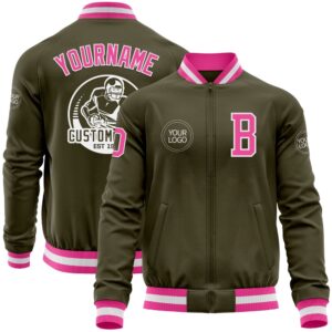 Custom Olive Pink White Bomber Varsity Letterman&hellip;