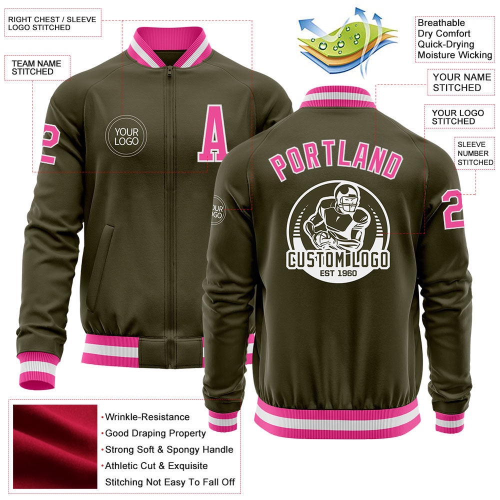 Custom Olive Pink White Bomber Varsity Letterman Salute To Service Zipper Jacket, Custom Team Jacket