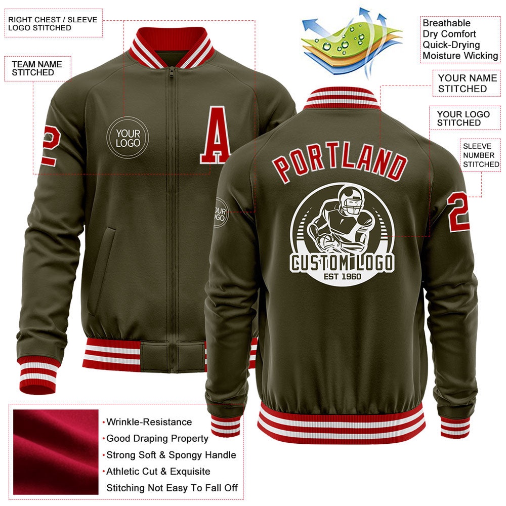 Custom Olive Red White Bomber Varsity Letterman Salute To Service Zipper Jacket, Custom Team Jacket