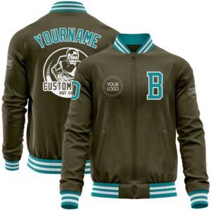 Custom Olive Teal White Bomber Varsity Letterman&hellip;