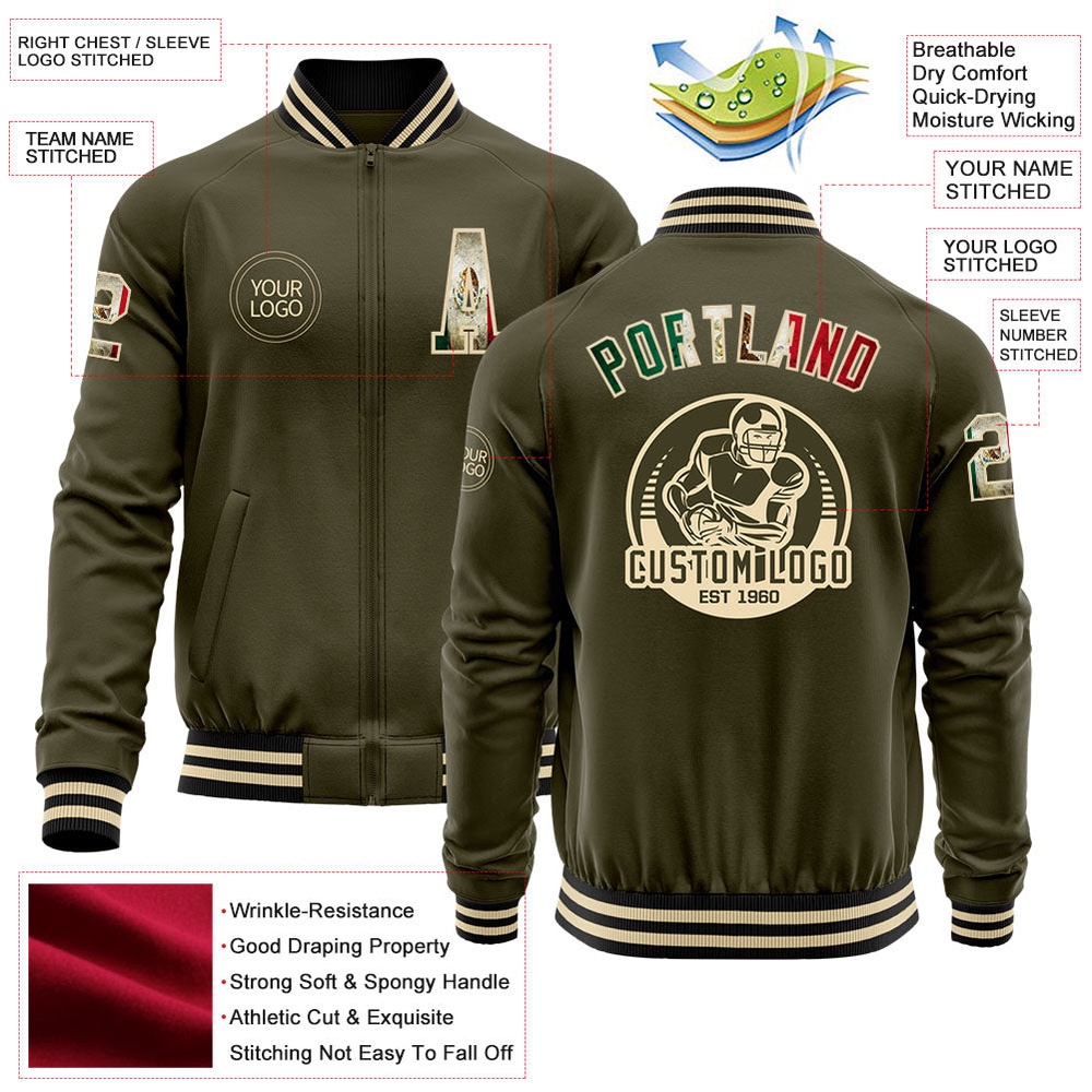 Custom Olive Vintage Mexican Flag Cream Black Bomber Varsity Letterman Salute To Service Zipper Jacket, Custom Team Jacket