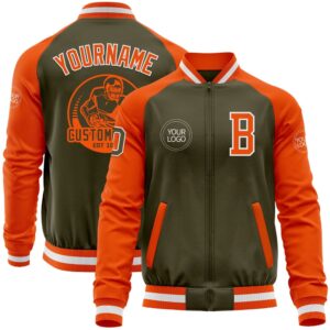 Custom Olive White Orange Bomber Varsity Letterman&hellip;