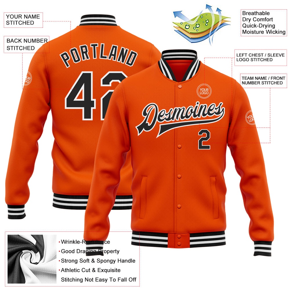 Custom Orange Black-White Bomber Full-Snap Baseball Jacket_4037, Custom Team Jacket