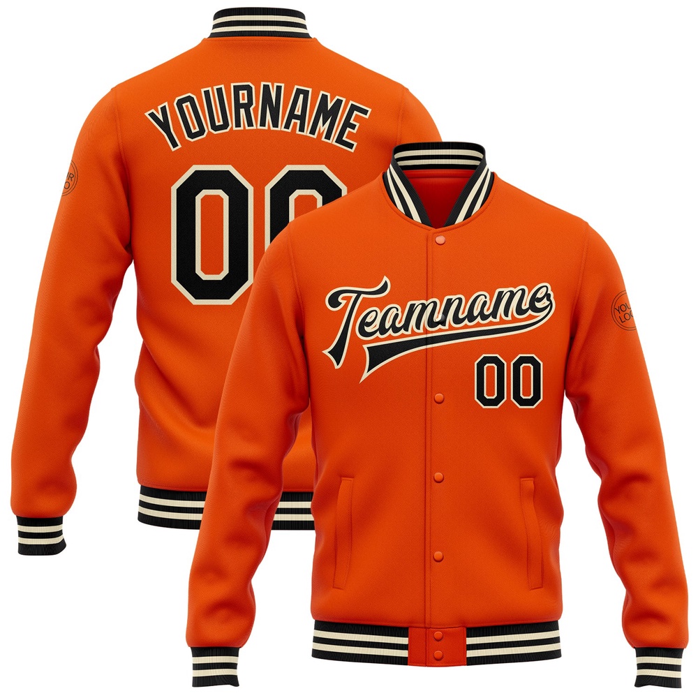 Custom Orange Black Cream Bomber Full Snap Baseball Jacket, Custom Team Jacket