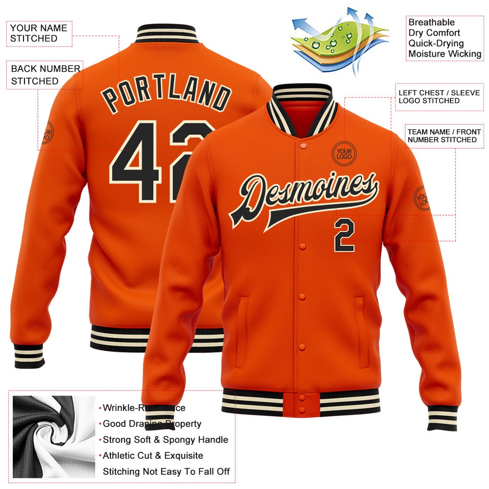 Custom Orange Black Cream Bomber Full Snap Baseball Jacket, Custom Team Jacket