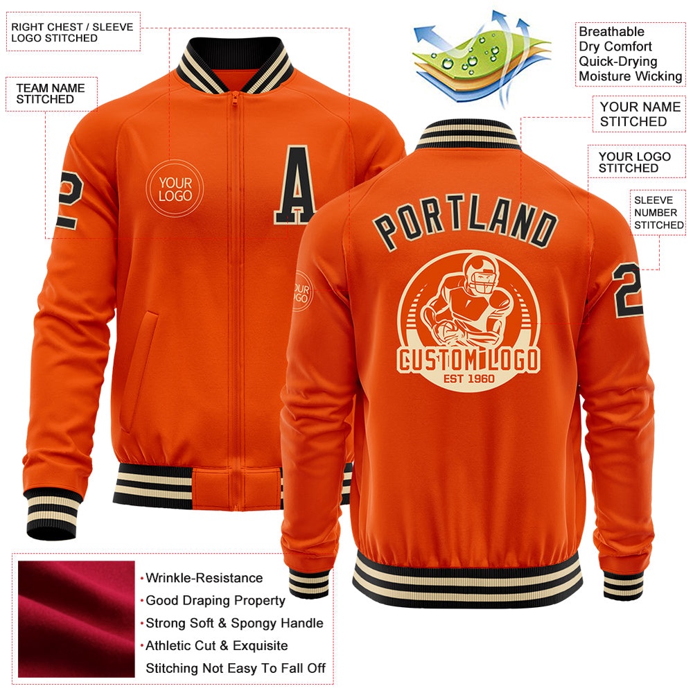 Custom Orange Black Cream Bomber Varsity Baseball Jacket, Custom Team Jacket