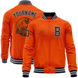Custom Orange Black Gray Bomber Varsity Baseball&hellip;