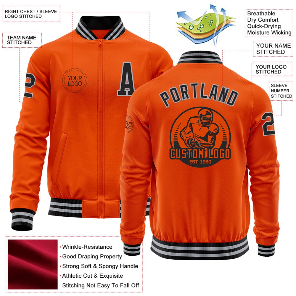 Custom Orange Black Gray Bomber Varsity Baseball Jacket, Custom Team Jacket