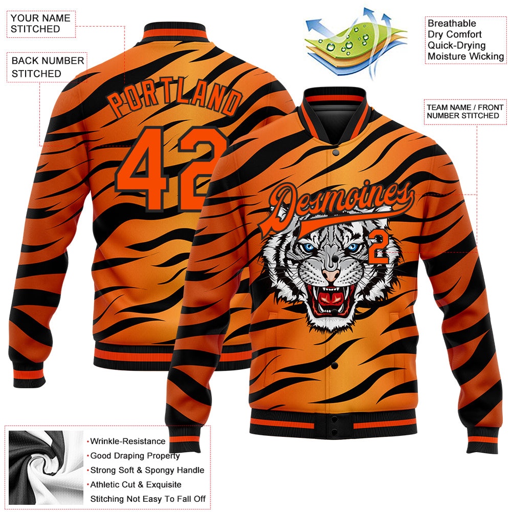 Custom Orange Black Tiger 3D Pattern Design Bomber Full Snap Baseball Jacket, Custom Team Jacket