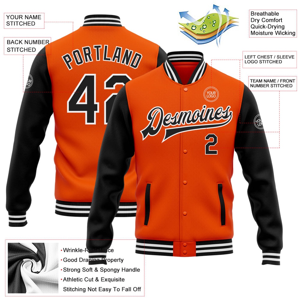 Custom Orange Black White Bomber Full Snap Varsity Baseball Jacket, Custom Team Jacket