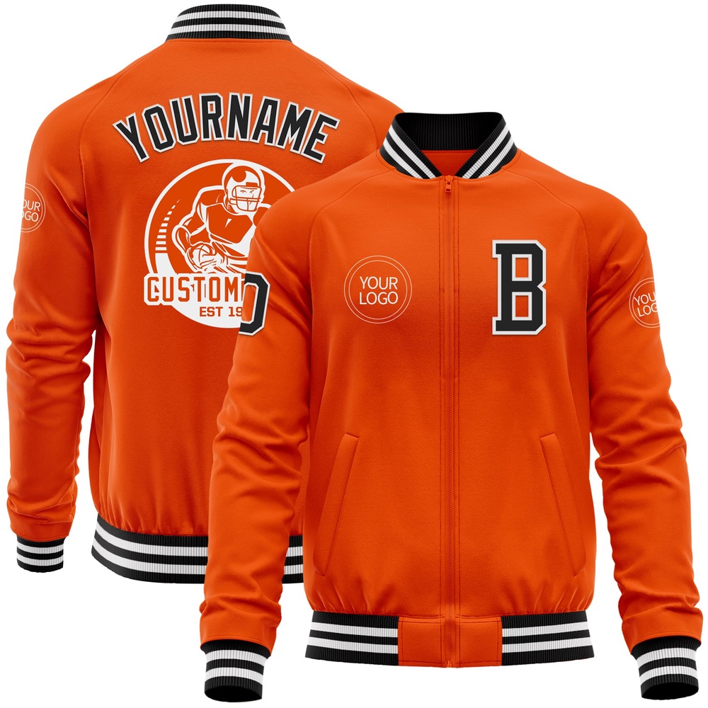 Custom Orange Black White Bomber Varsity Baseball Jacket, Custom Team Jacket
