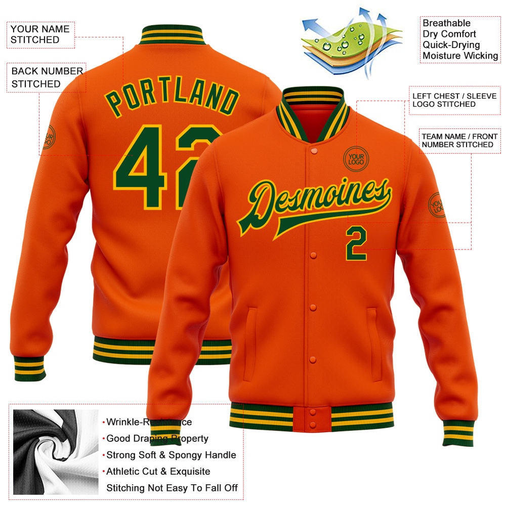 Custom Orange Green Gold Bomber Full Snap Baseball Jacket, Custom Team Jacket