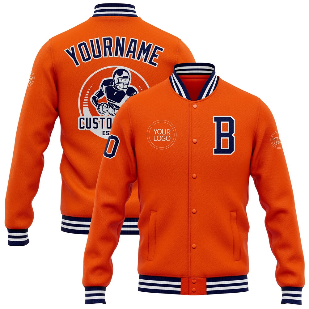 Custom Orange Navy-White Bomber Full-Snap Baseball Jacket_4630, Custom Team Jacket