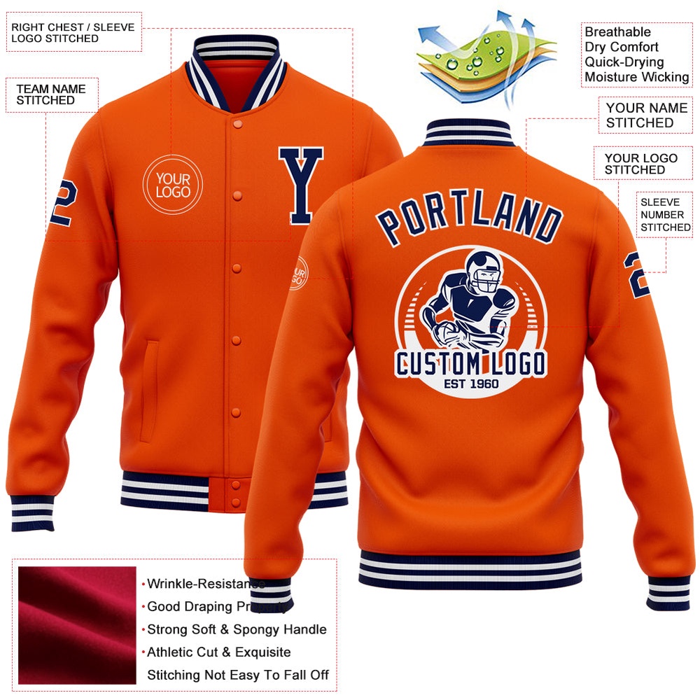 Custom Orange Navy-White Bomber Full-Snap Baseball Jacket_4630, Custom Team Jacket
