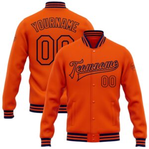 Custom Orange Navy Bomber Full Snap Baseball&hellip;