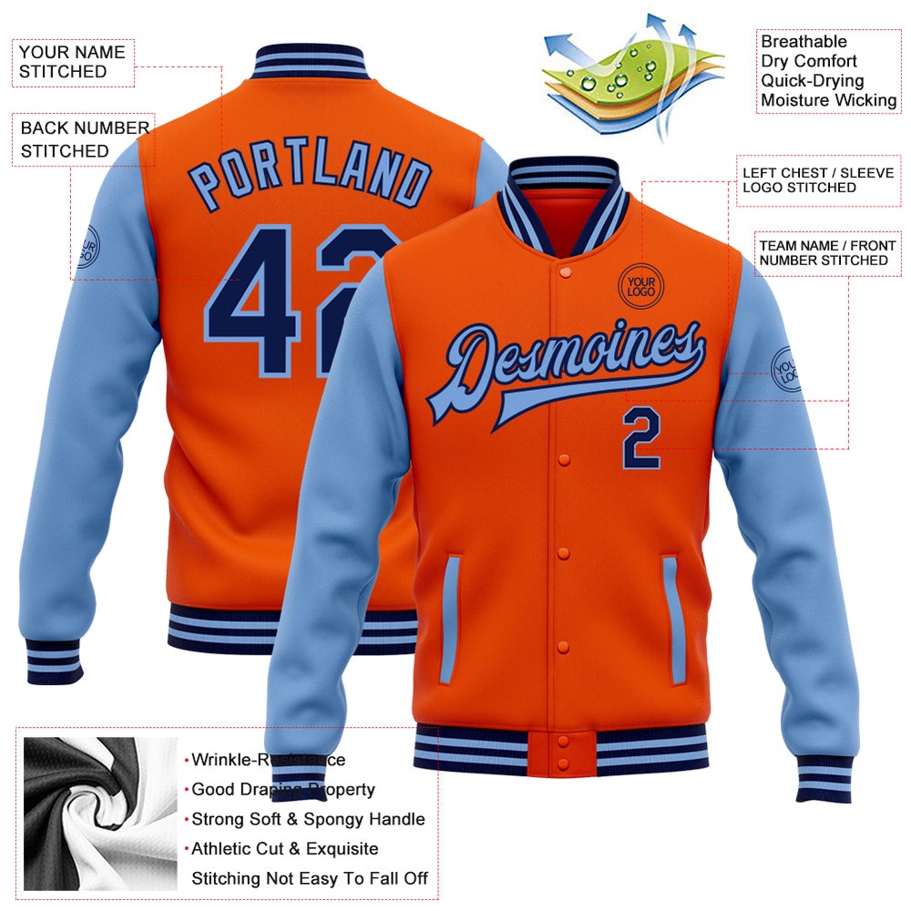 Custom Orange Navy Light Blue Bomber Full Snap Varsity Baseball Jacket, Custom Team Jacket