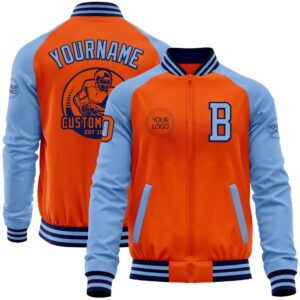 Custom Orange Navy Light Blue Bomber Varsity&hellip;