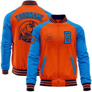 Custom Orange Navy Powder Blue Bomber Varsity&hellip;