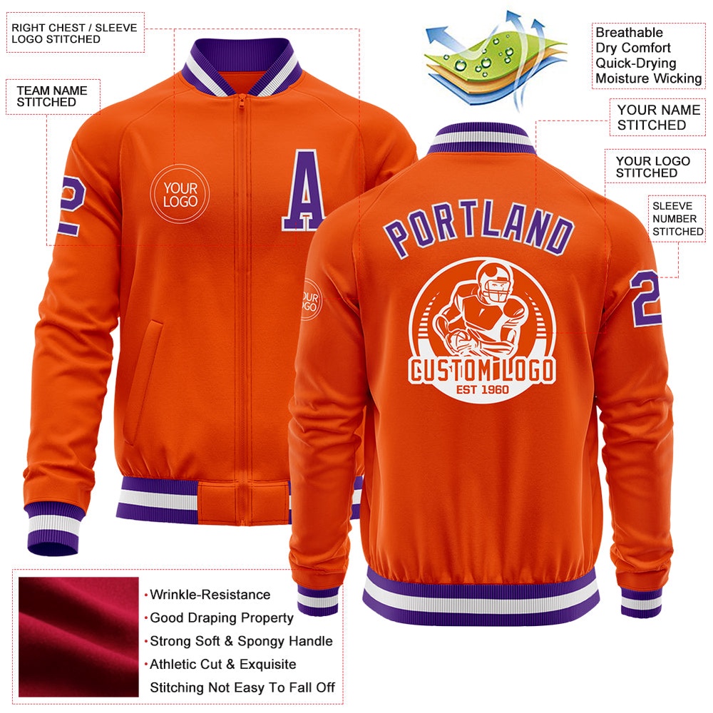 Custom Orange Purple White Bomber Varsity Baseball Jacket, Custom Team Jacket