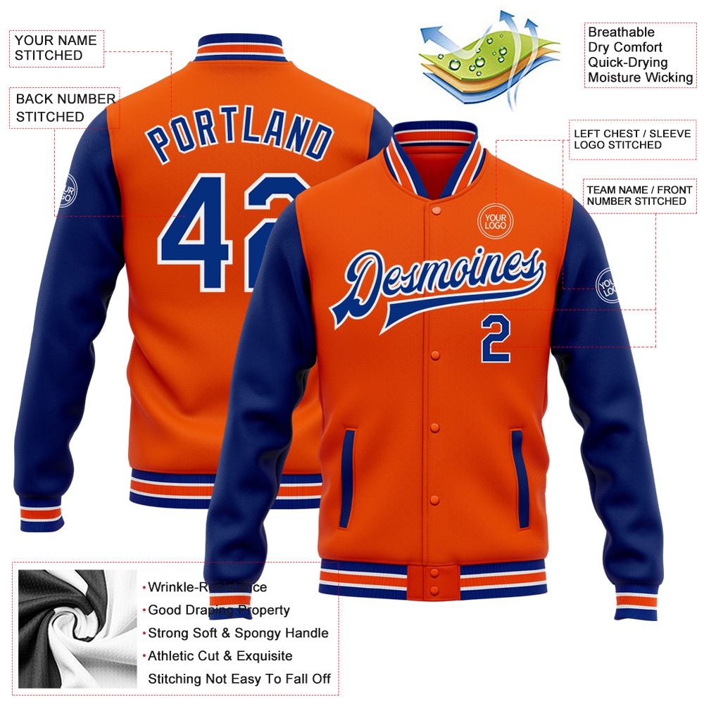 Custom Orange Royal White Bomber Full Snap Varsity Baseball Jacket, Custom Team Jacket