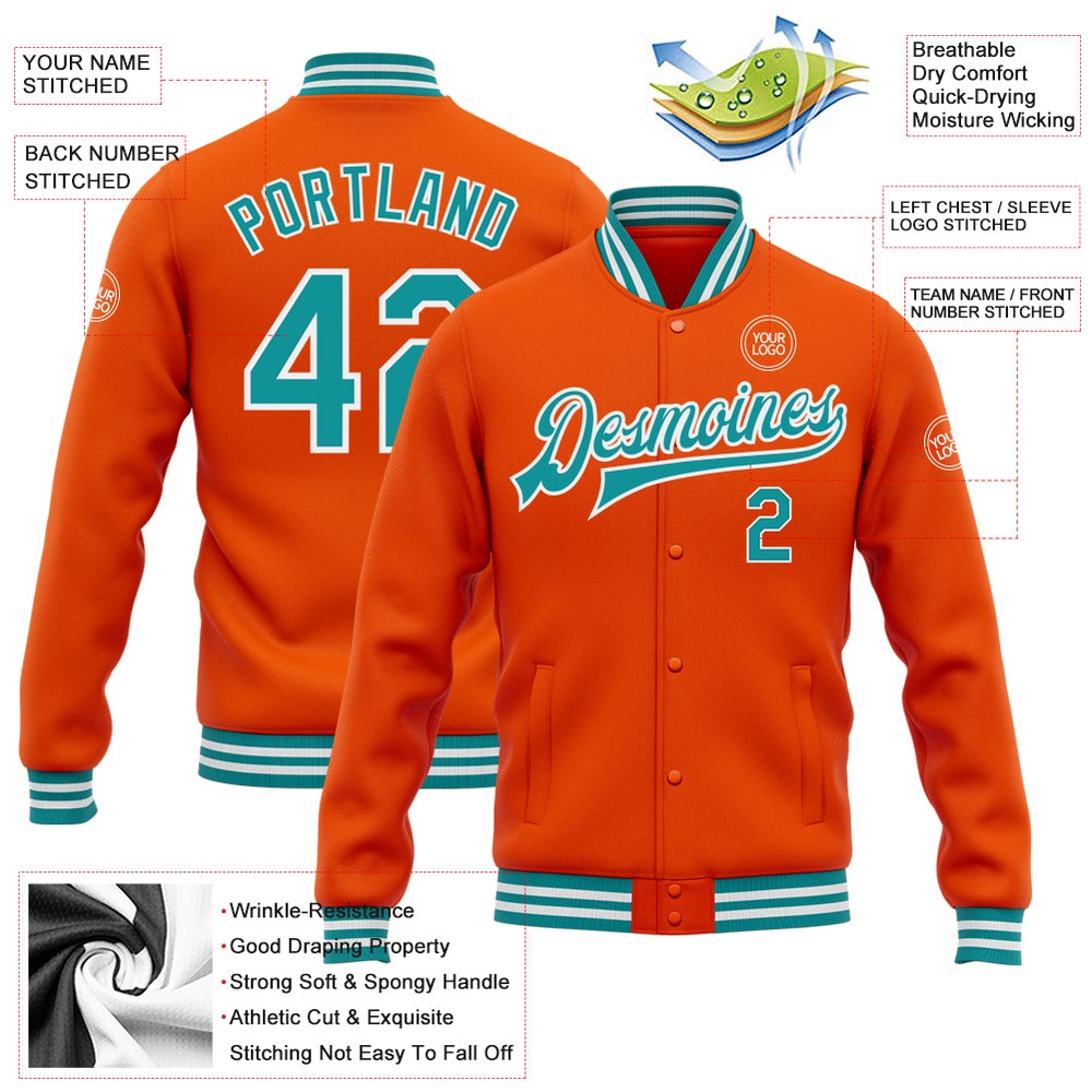 Custom Orange Teal White Bomber Full Snap Baseball Jacket, Custom Team Jacket