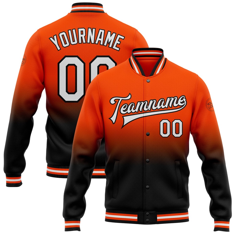 Custom Orange White Black Bomber Full Snap Baseball Jacket, Custom Team Jacket