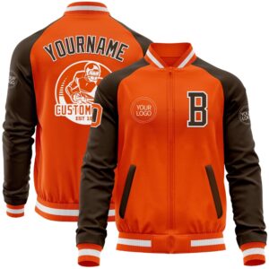Custom Orange White Brown Bomber Varsity Baseball&hellip;
