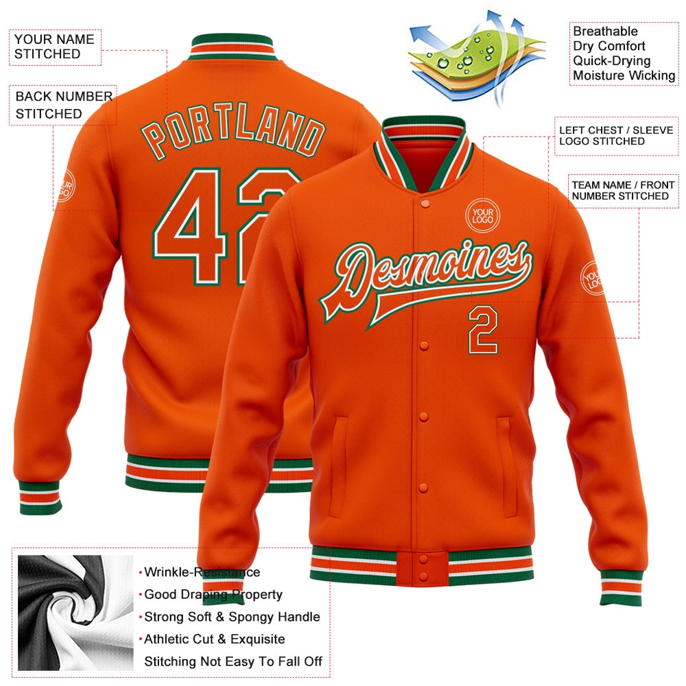 Custom Orange White Kelly Green Bomber Full Snap Baseball Jacket, Custom Team Jacket
