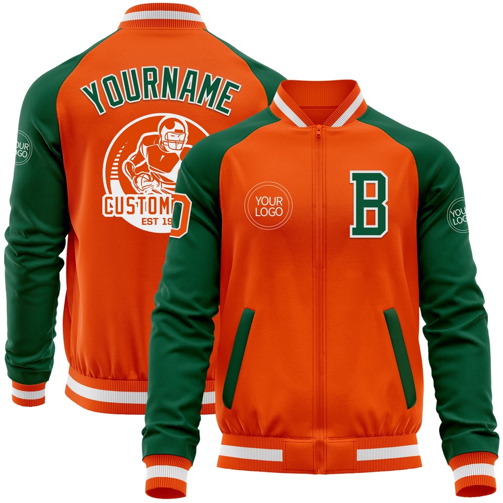 Custom Orange White Kelly Green Bomber Varsity Baseball Jacket, Custom Team Jacket