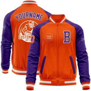Custom Orange White Purple Bomber Varsity Baseball&hellip;