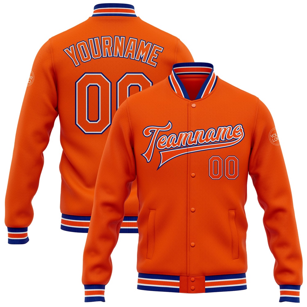 Custom Orange White Royal Bomber Full Snap Varsity Letterman Jacket, Custom Team Jacket