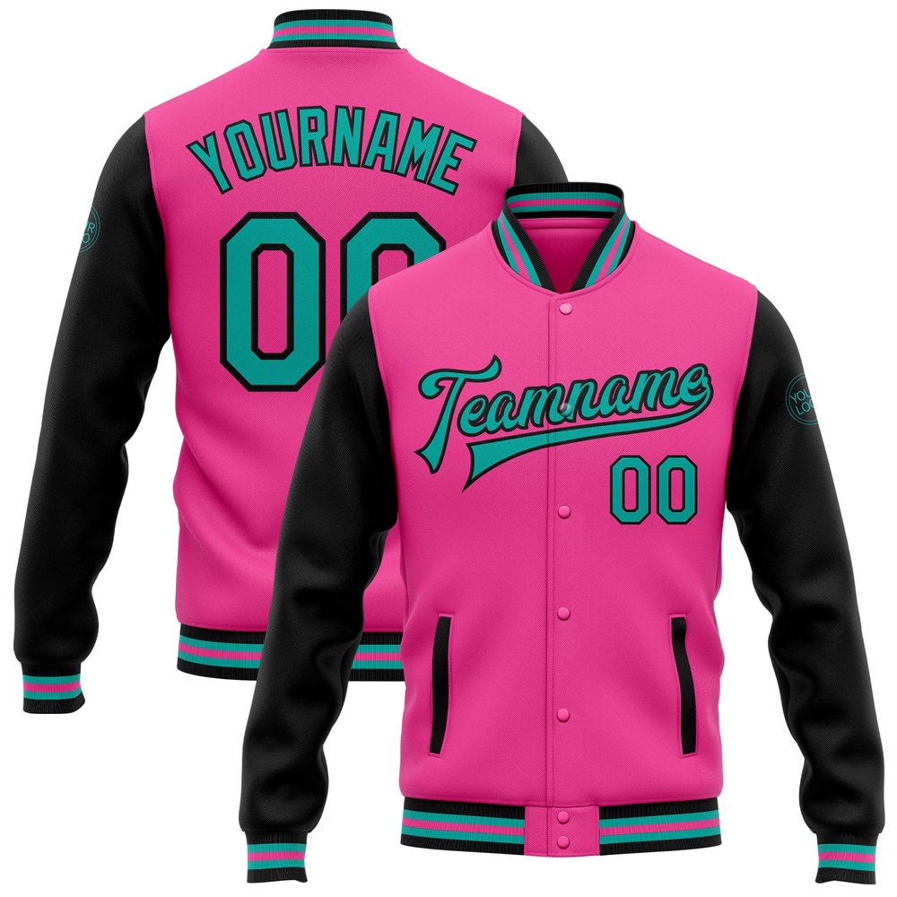 Custom Pink Aqua Black Bomber Full Snap Varsity Baseball Jacket, Custom Team Jacket