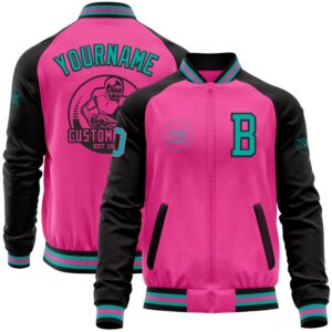 Custom Pink Aqua Black Bomber Varsity Baseball&hellip;