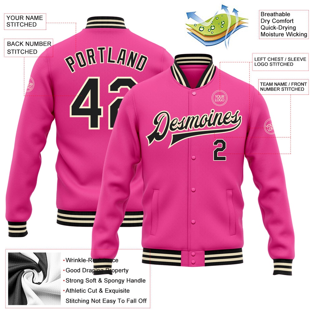 Custom Pink Black Cream Bomber Full Snap Baseball Jacket, Custom Team Jacket