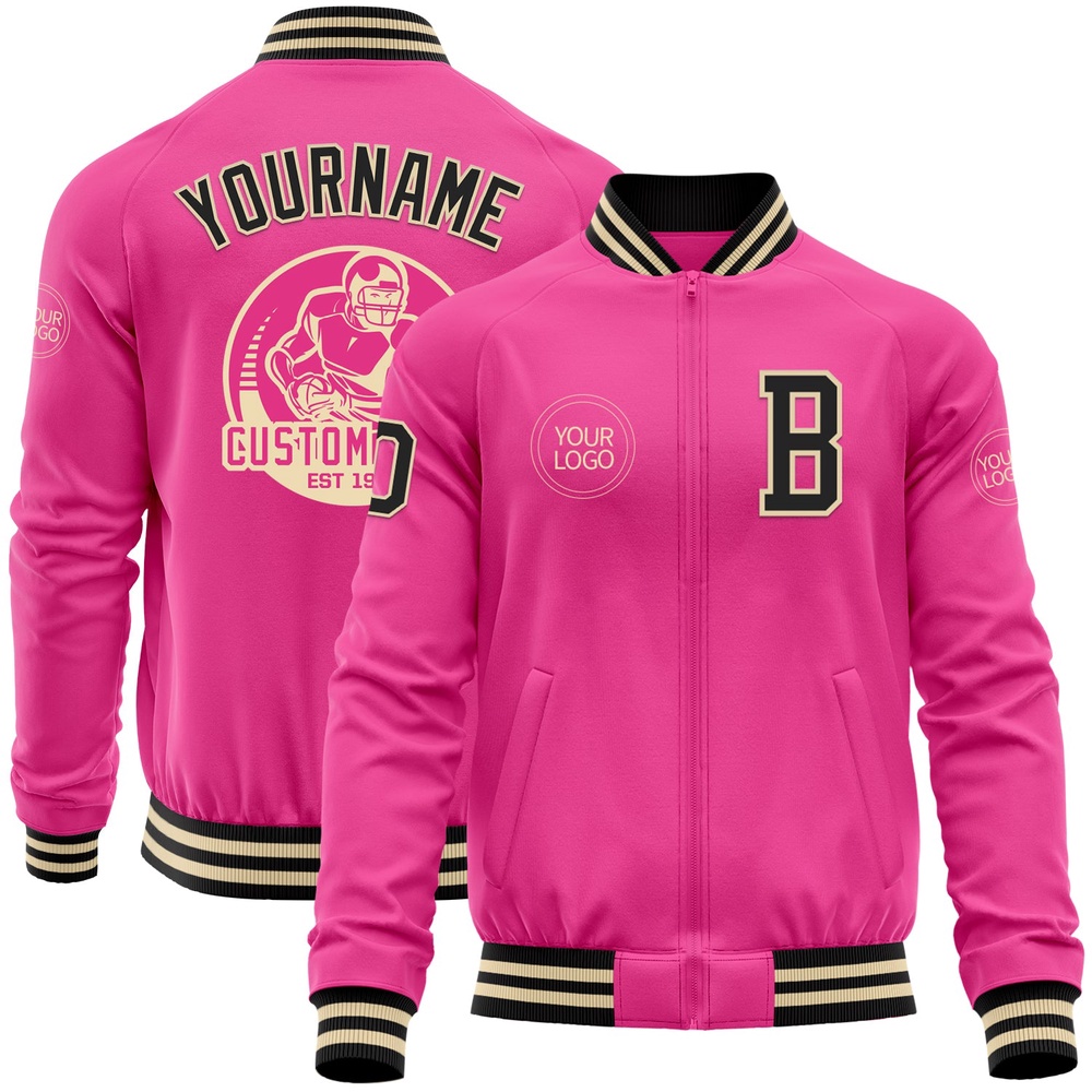 Custom Pink Black Cream Bomber Varsity Letterman Zipper Jacket, Custom Team Jacket