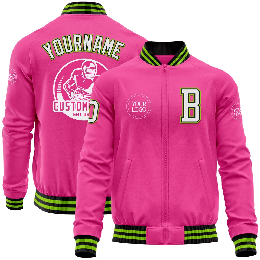 Custom Pink Black Neon Green Bomber Varsity Baseball Jacket, Custom Team Jacket