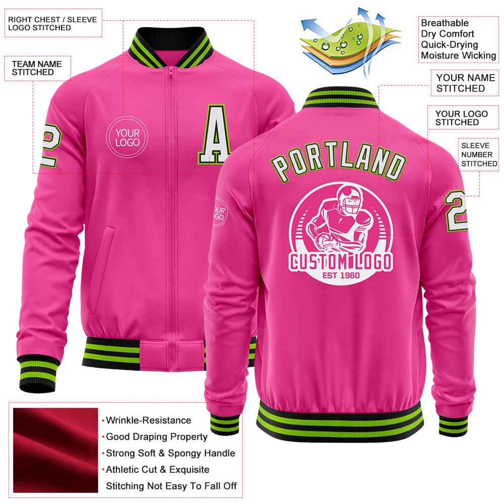 Custom Pink Black Neon Green Bomber Varsity Baseball Jacket, Custom Team Jacket