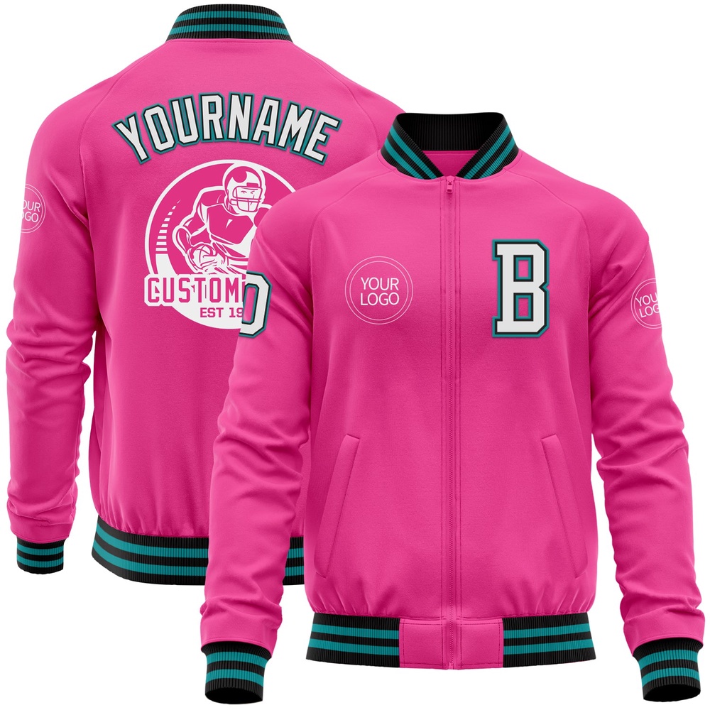 Custom Pink Black Teal Bomber Varsity Baseball Jacket, Custom Team Jacket