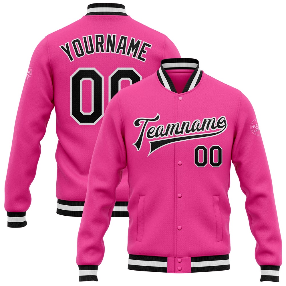 Custom Pink Black White Bomber Full Snap Baseball Jacket, Custom Team Jacket