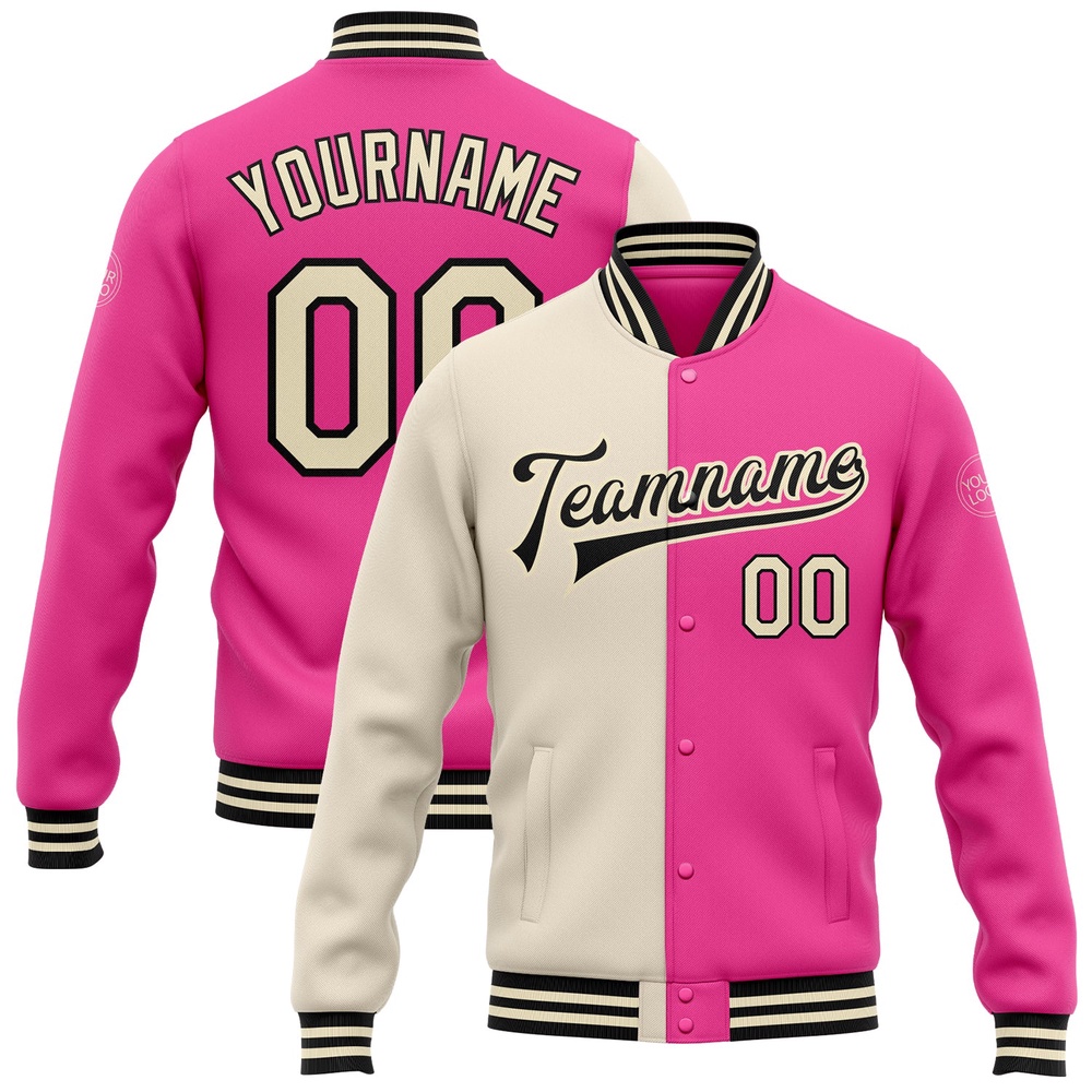 Custom Pink Cream Black Bomber Full Snap Varsity Letterman Split Fashion Jacket, Custom Team Jacket