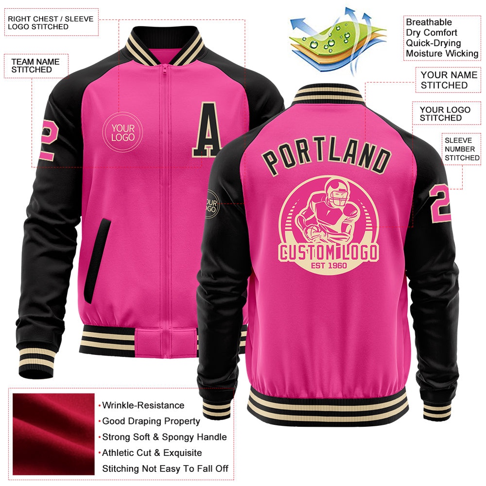 Custom Pink Cream Black Bomber Varsity Baseball Jacket, Custom Team Jacket
