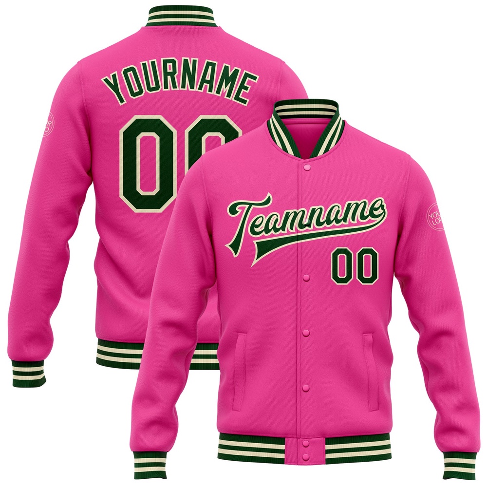 Custom Pink Green Cream Bomber Full Snap Baseball Jacket, Custom Team Jacket