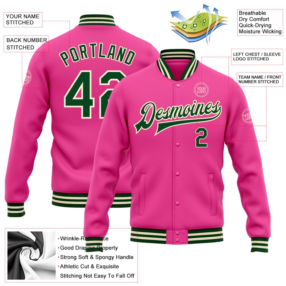Custom Pink Green Cream Bomber Full Snap Baseball Jacket, Custom Team Jacket