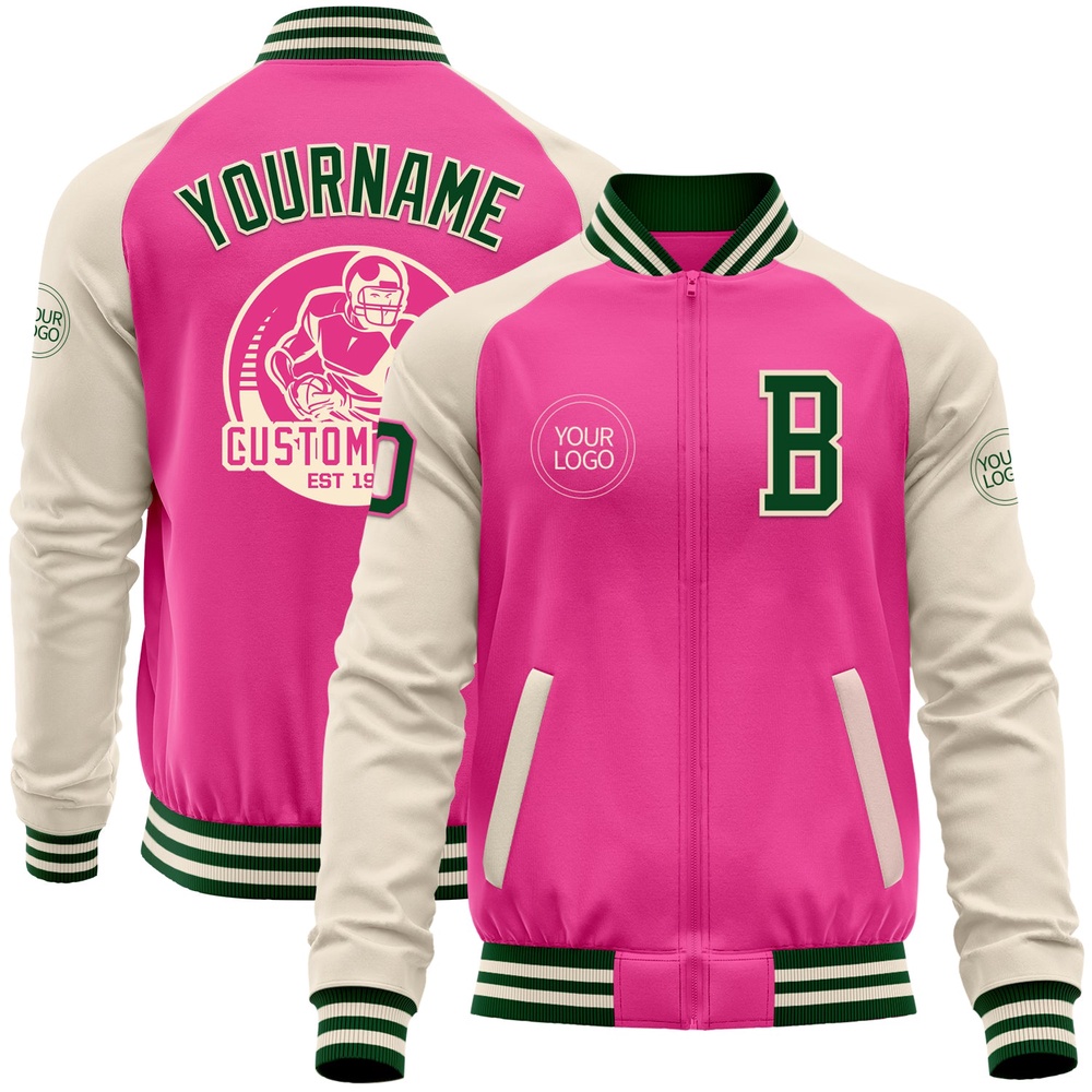 Custom Pink Green Cream Bomber Varsity Baseball Jacket, Custom Team Jacket